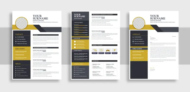 Szablony CV z sekcjami: dane kontaktowe, profil, wykształcenie, doświadczenie, umiejętności, zainteresowania.